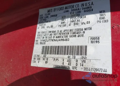 2004 Ford Explorer Sport Trac Adrenalin/Xls/Xlt from USA, damaged, VIN 1FMZU77K94UA98483